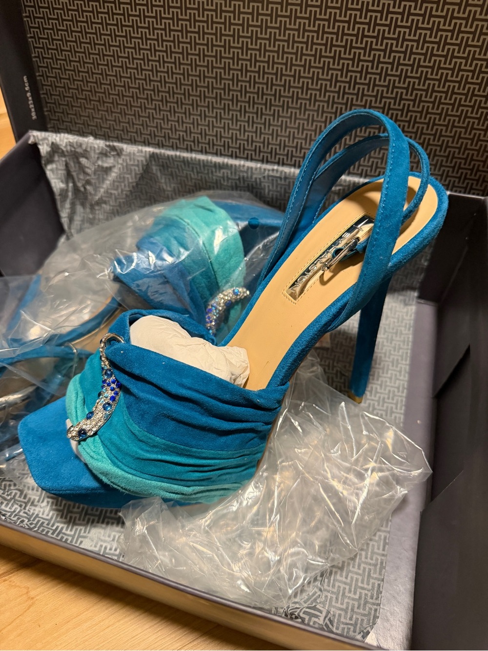 Turquoise Blue Slingback Stiletto Heels with Crystal Accent